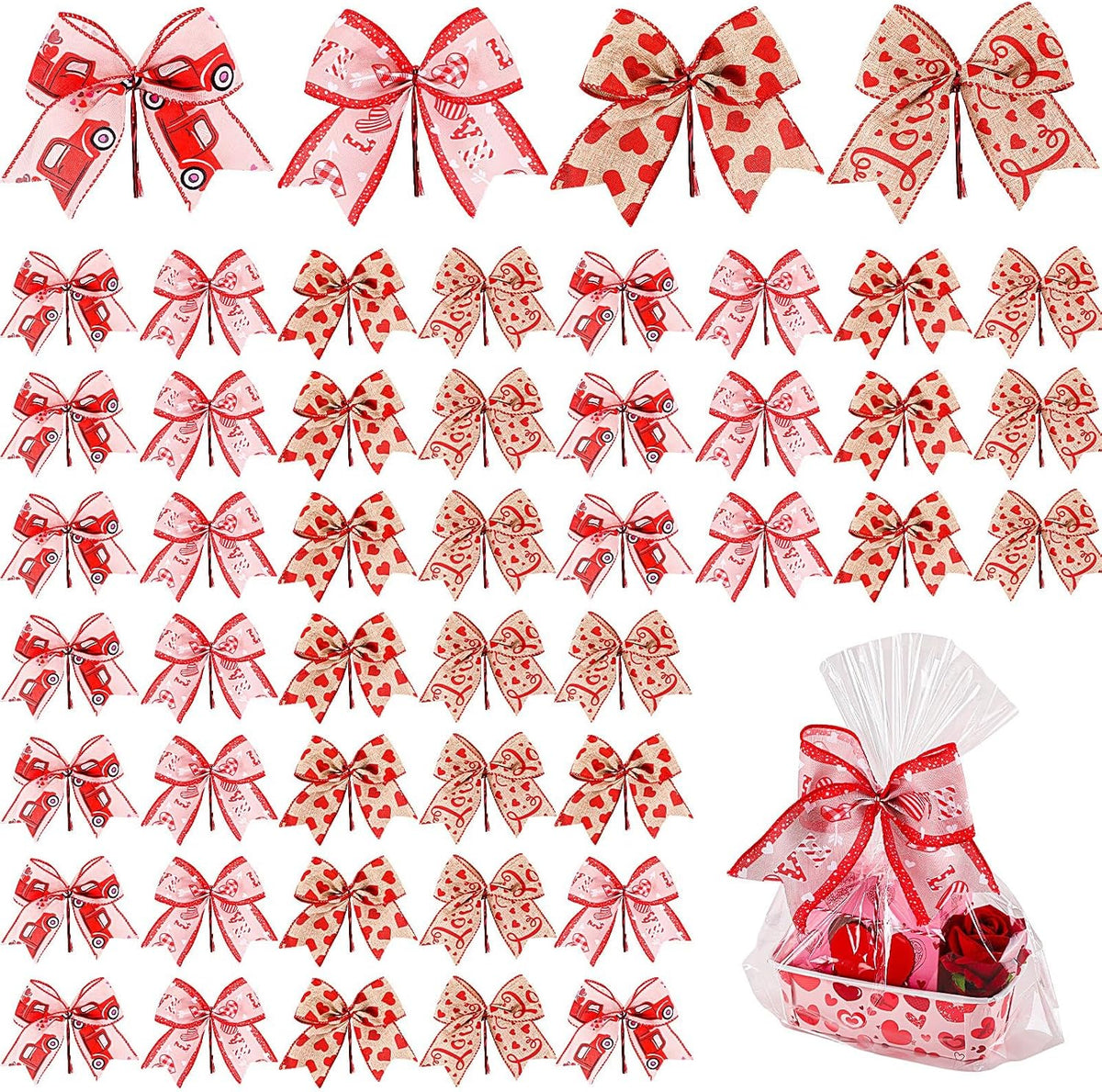 Daifunli 48 Pcs 6 Inch Christmas Bows for Wreaths | Polyester Bows in 4 Patterns, Built-in Cable Ties, Christmas Gifts, Baskets, Wreaths And Party Decor