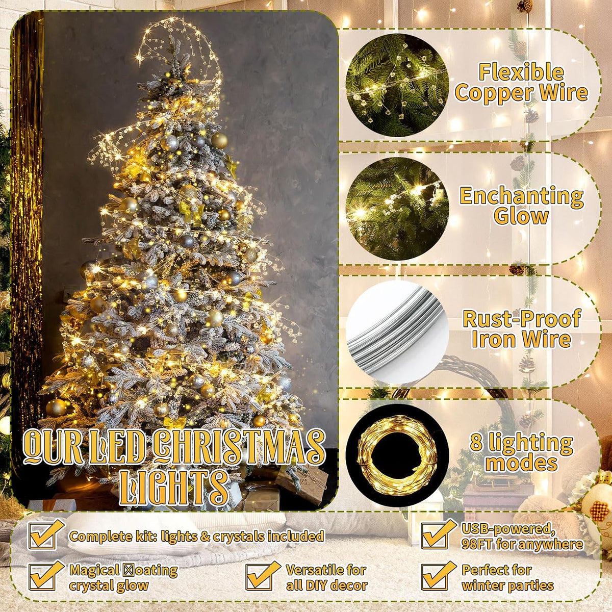 Glooglitter 40 ft Christmas Tree Crystal Garland Decor Fairy Lights | 98ft 300 LED Lights with Crystal Drop Ornaments & Iron Wire, USB Operated Sparkling Christmas Tree Decor for Winter Indoor