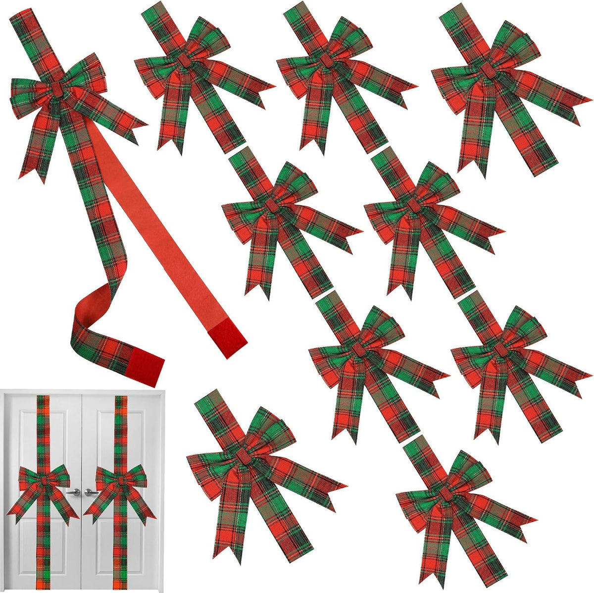 MCEAST 6-Piece Christmas Cabinet Bows, Red & Green Polka Dot, 10x87 Inches, Polyester, Christmas Occasion