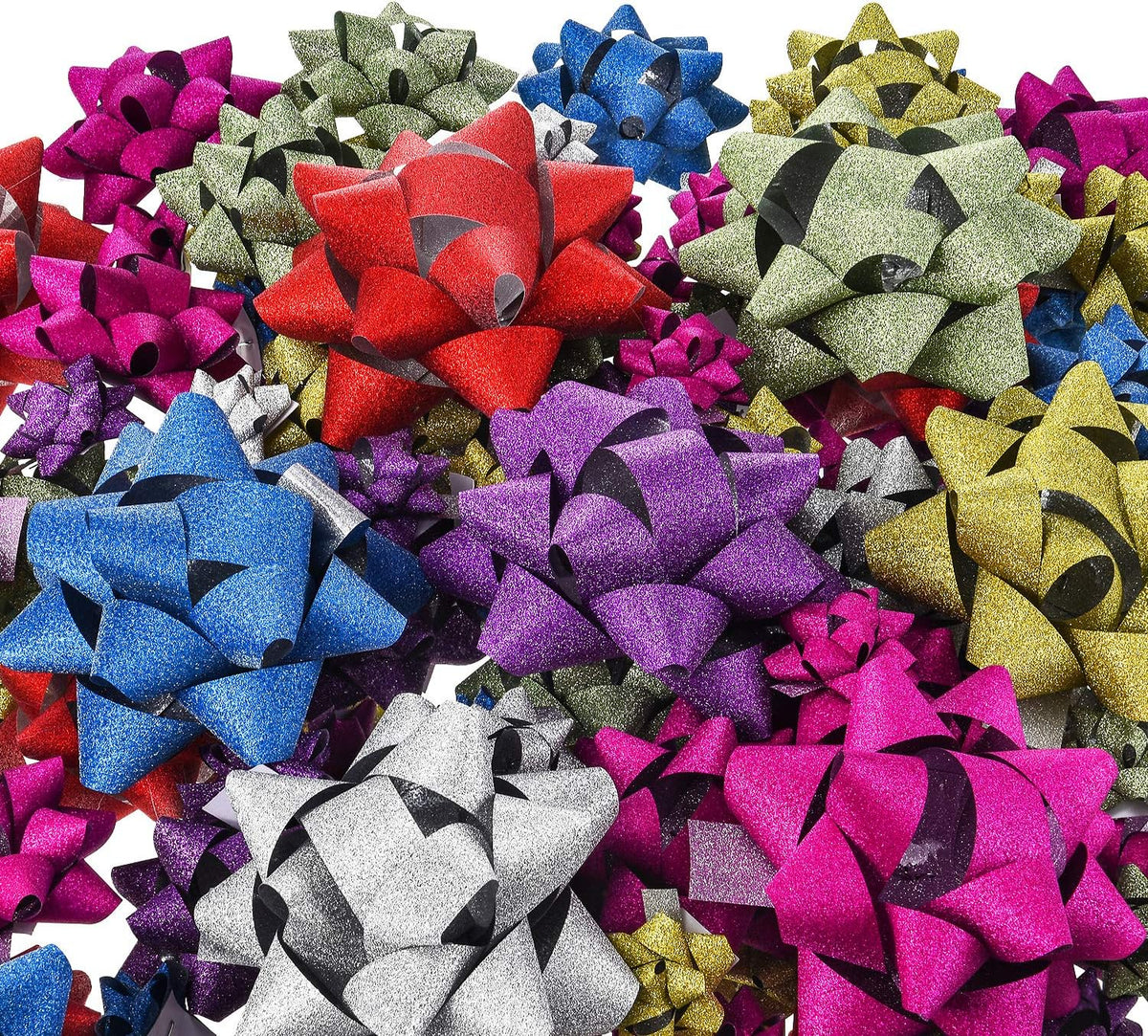Tatuo 130 Pcs Christmas Wrap Gift Bows, Glossy Finish, Xmas Color | Metallic, Multicolor, 3 Sizes, Self Adhesive, Bulk, Gift Bows for Gift Wrapping, for Decorating Xmas Presents