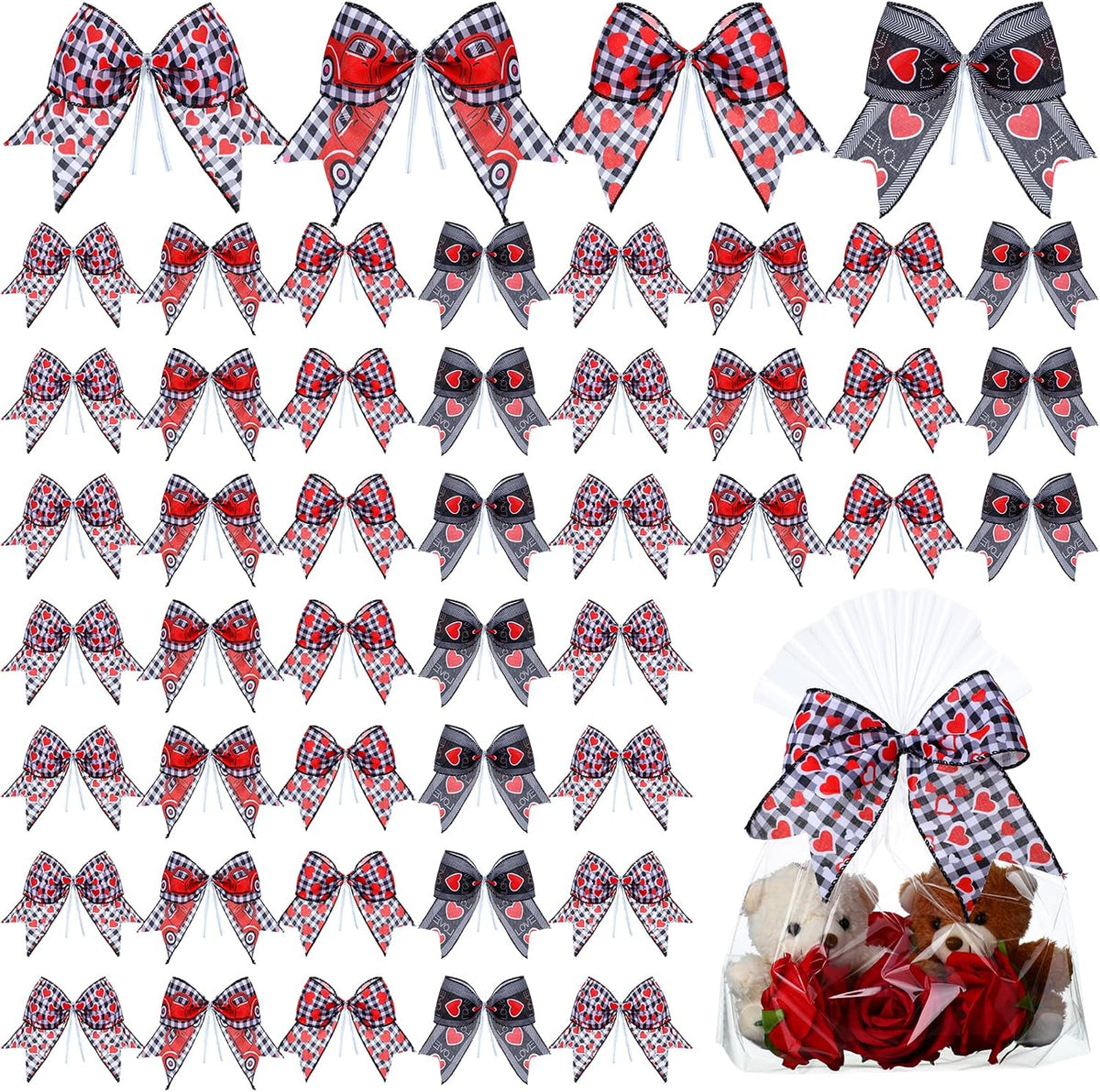 Daifunli 48 Pcs 6 Inch Christmas Bows for Wreaths | Polyester Bows in 4 Patterns, Built-in Cable Ties, Christmas Gifts, Baskets, Wreaths And Party Decor