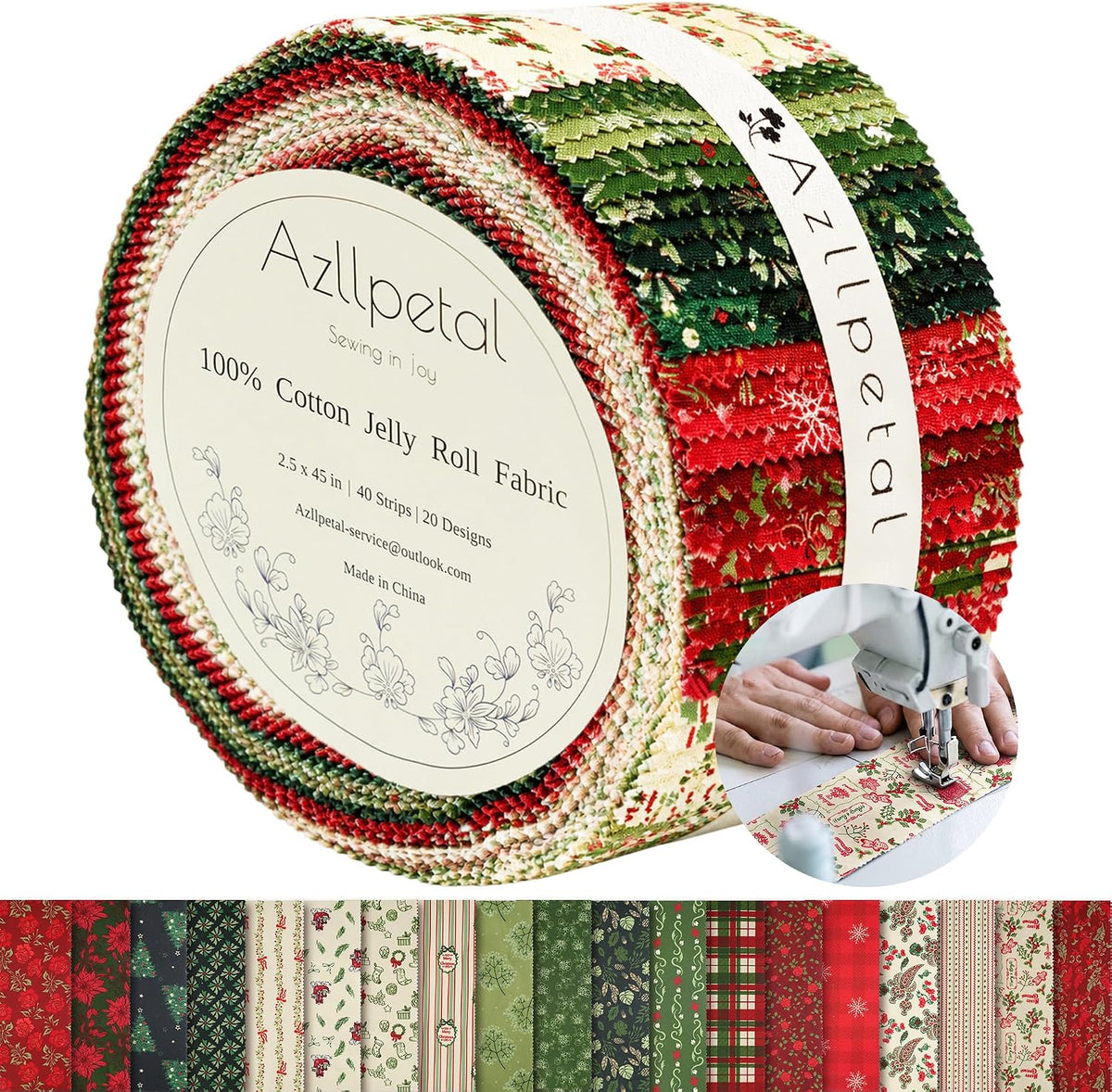 Green & Red Jelly Roll Fabric for Quilting, Christmas Clearance Strips | 2.5 x 45” Strips, 40 Pcs with 20 Floral Patterns, 100% Cotton, 160GSM Plain Weave Fabric for Christmas Quilting, Home Decor