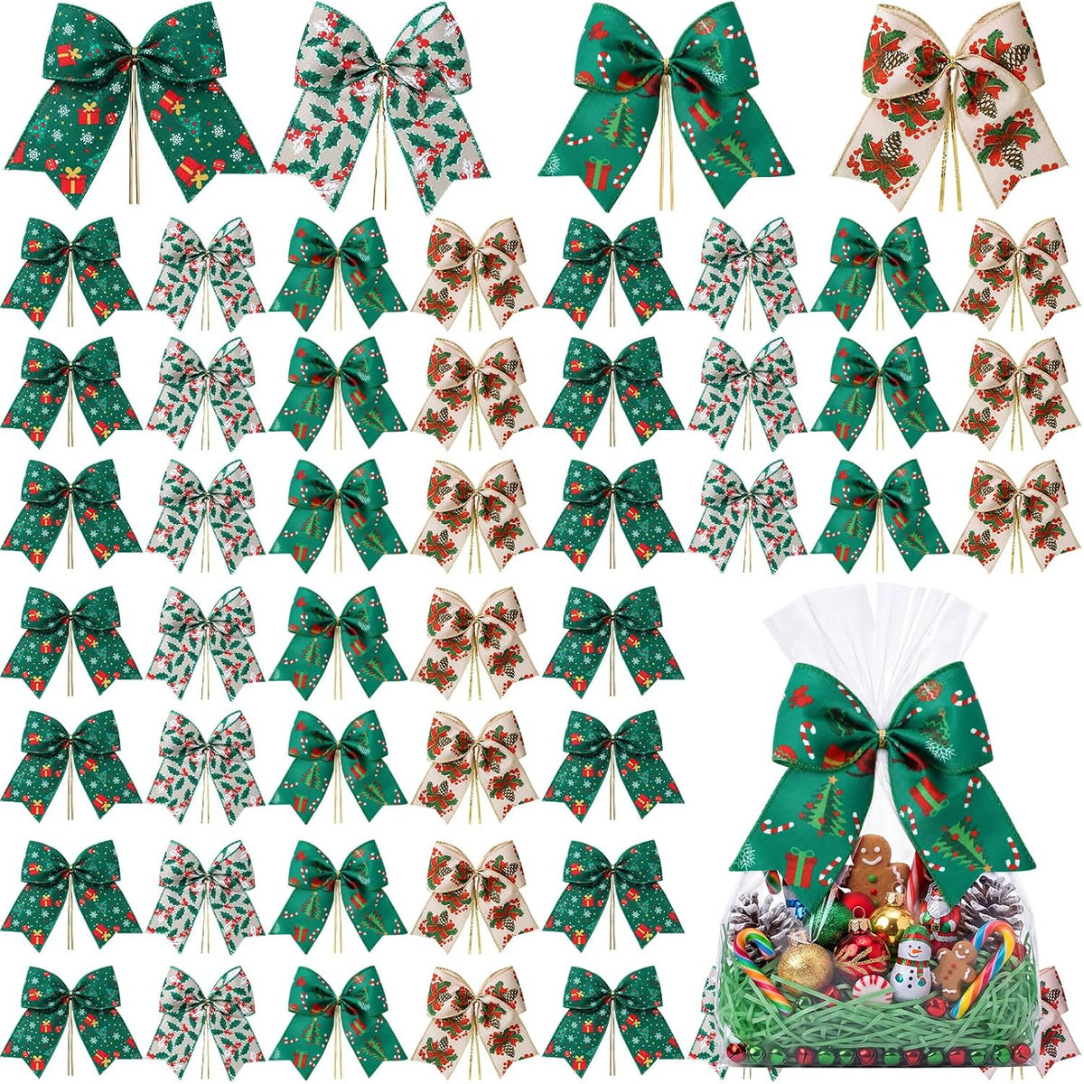 Daifunli 48 Pcs 6 Inch Christmas Bows for Wreaths | Polyester Bows in 4 Patterns, Built-in Cable Ties, Christmas Gifts, Baskets, Wreaths And Party Decor