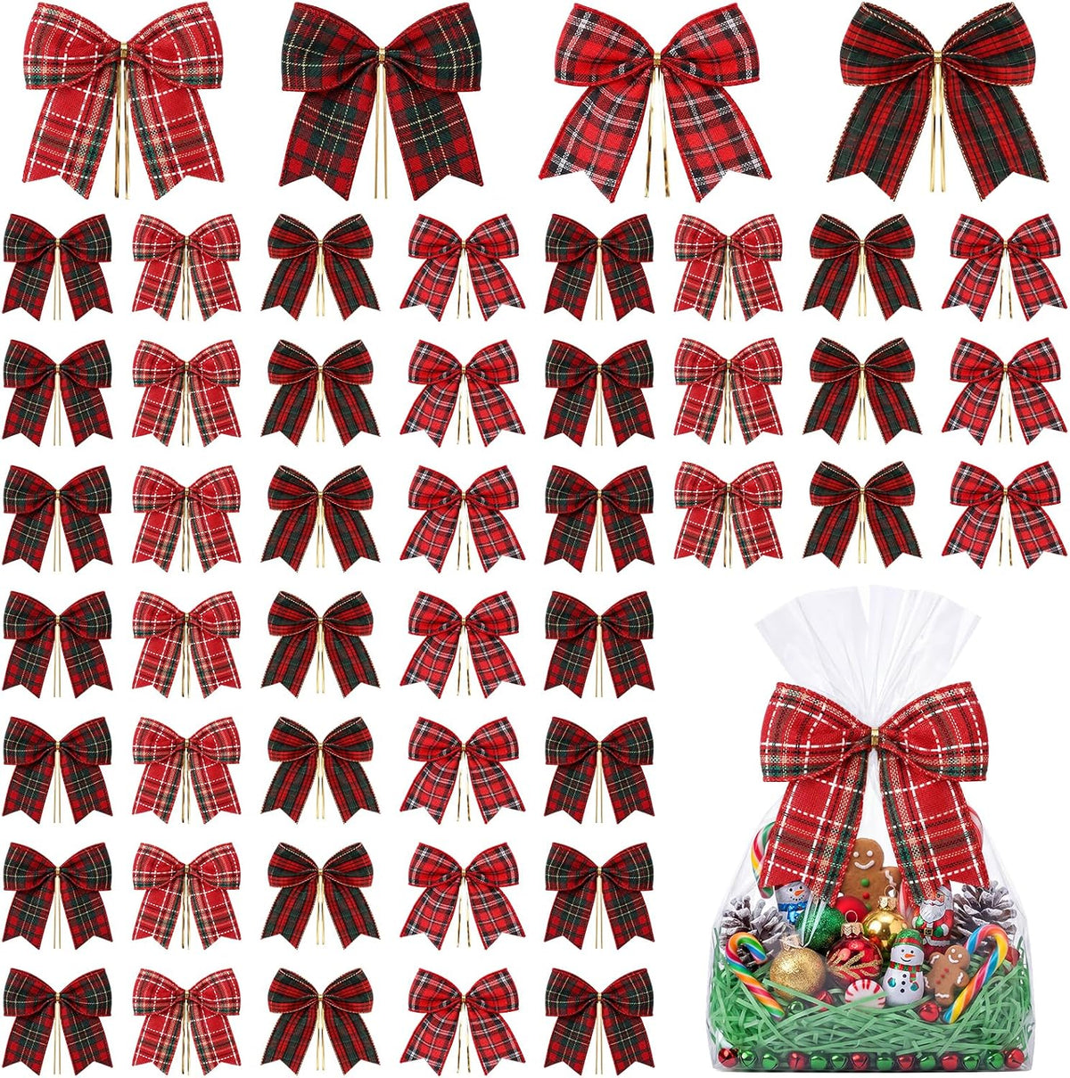 Daifunli 48 Pcs 6 Inch Christmas Bows for Wreaths | Polyester Bows in 4 Patterns, Built-in Cable Ties, Christmas Gifts, Baskets, Wreaths And Party Decor
