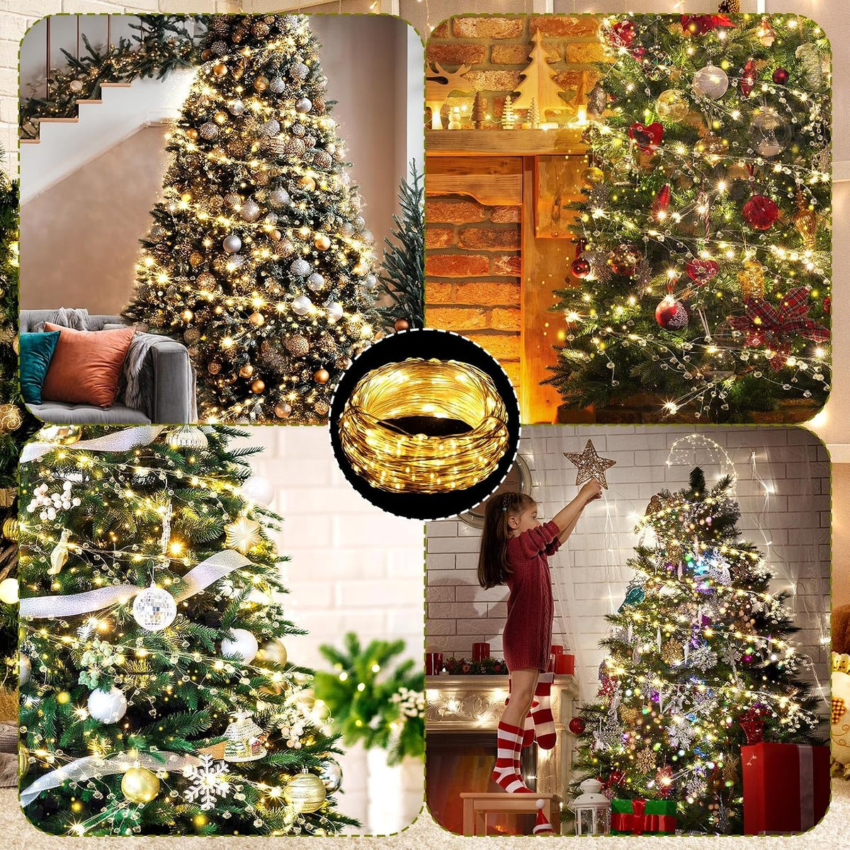 Glooglitter 40 ft Christmas Tree Crystal Garland Decor Fairy Lights | 98ft 300 LED Lights with Crystal Drop Ornaments & Iron Wire, USB Operated Sparkling Christmas Tree Decor for Winter Indoor